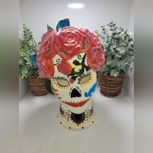 BLUE SKY CLAYWORKS DAY OF THE DEAD FLORAL CANDLE SKULL